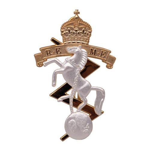 Picture of REME Cap Badge - Officers - 2pc - Shank & Pin - Silver & Burnished - Tudor Crown